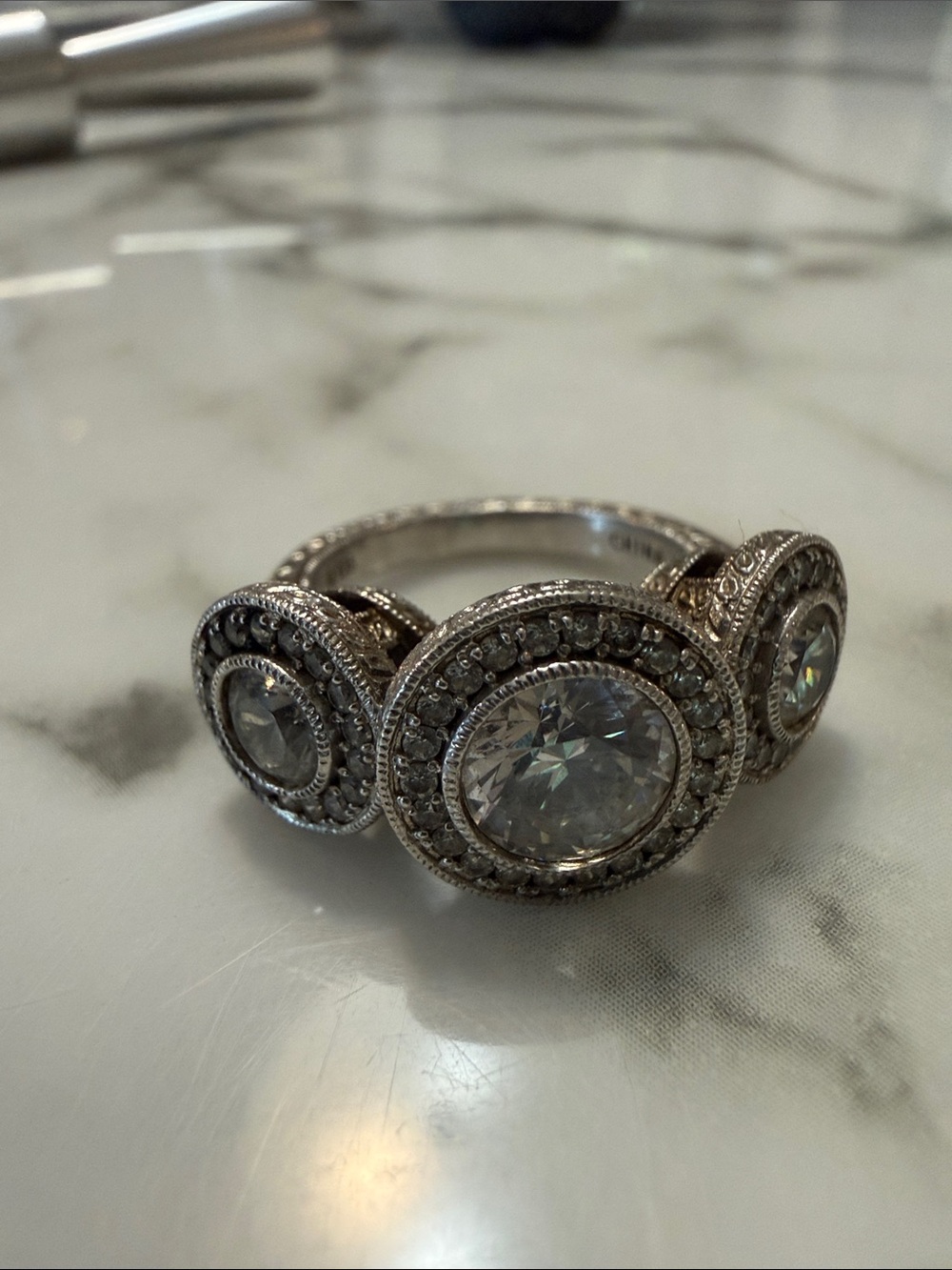 Sterling silver triple setting halo ring with CZs, size 7